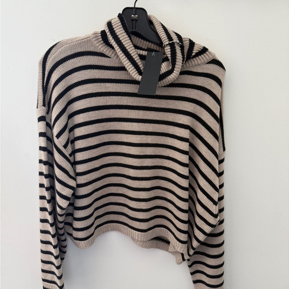 Cream and Black Turtleneck Sweater with Stripes